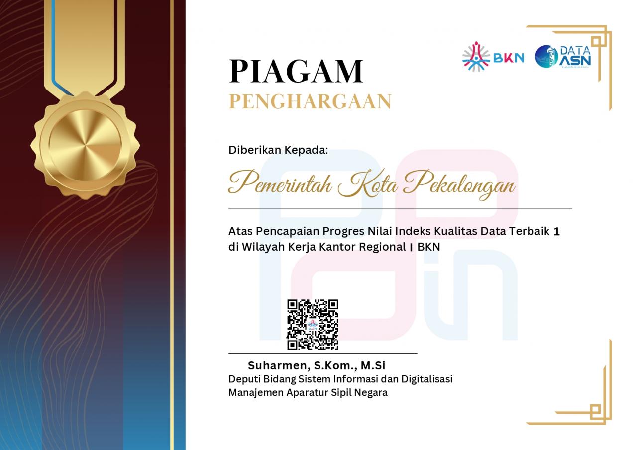 Pemkot Pekalongan Raih Penghargaan BKN atas Kualitas Data ASN Terbaik